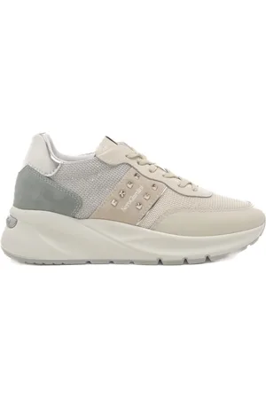 Nero Giardini Sneakers da donna in vera pelle, camoscio e tessuto con inserto laminato sul retro grigie e beige chiaro