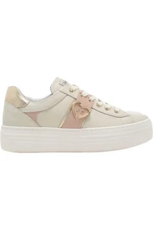 Nero Giardini Sneakers da donna in vera pelle con logo monogram sul lato esterno e inserti a contrasto crema e rosa