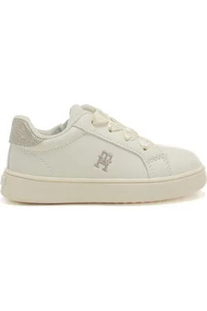 Tommy Hilfiger Sneakers da bambina con nastri e inserto glitterato sul retro bianco platino