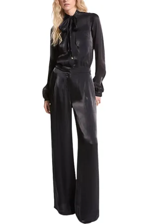 Michael Kors Pantaloni da donna in doppio georgette increspato metallizzato con gamba ampia neri