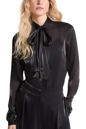 Michael Kors Blusa da donna in georgette increspato metallizzato con colletto con nastro nera