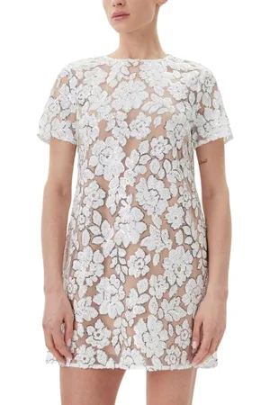 Michael Kors Abito corto da donna in mesh con paillettes e motivo floreale bianco