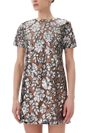 Michael Kors Abito corto da donna in mesh con paillettes e motivo floreale nero