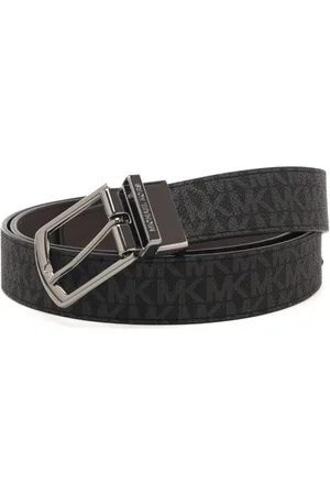 Michael Kors Cintura da uomo reversibile in vera pelle con stampa logo monogram all over black e fibbia argento