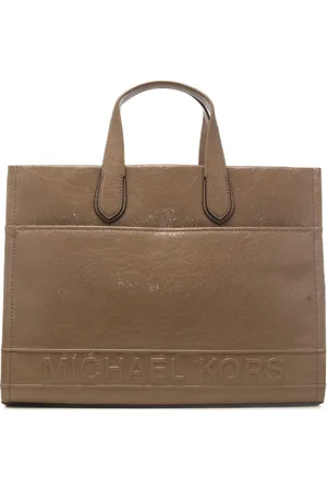 Michael Kors Borsa a spalla da donna in vera pelle con maxi logo lettering in rilievo sul davanti beige