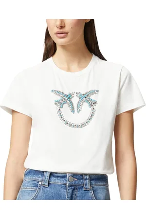 Pinko T-shirt da donna quentin girocollo in jersey con logo in cristalli bianca