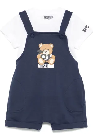 Moschino Salopette neonato con T-shirt stampa orsetto blu bianco