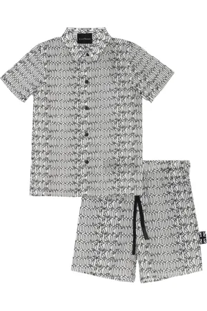 John Richmond Completo camicia e shorts in fantasia logata bianco nero