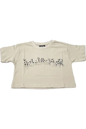 DISCLAIMER T-shirt crop manica corta con stampa logo strass beige