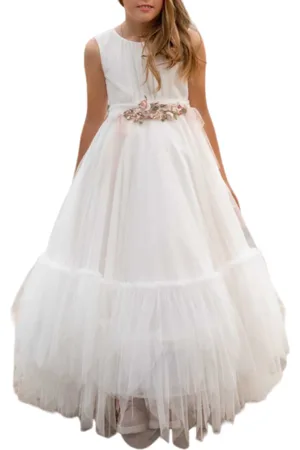 Mimilù Abito lungo da cerimonia in tulle con applicazioni floreali