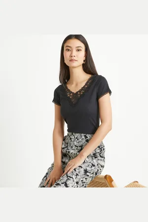 ANNE WEYBURN T-shirt Scollo A V, Dettaglio Guipure, Maniche Corte Donna Taglie 38/40 (IT) - 34/36 (FR)