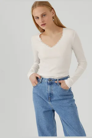La Redoute T-shirt Scollo A V Maniche Lunghe, Dettaglio Pizzo Donna Taglie XS