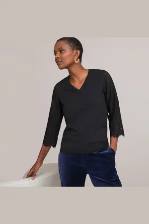 ANNE WEYBURN Maglia Scollo A V, Maglia Fine, Maniche A 3/4 In Pizzo Donna Taglie 38/40 (IT) - 34/36 (FR)