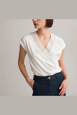 ANNE WEYBURN T-shirt Scollo A V, Maniche Corte, Dettaglio Macramé Donna Taglie 46/48 (IT) - 42/44 (FR)
