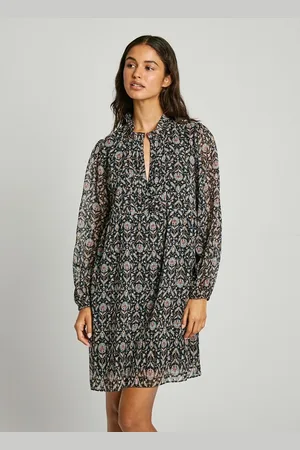 Pepe Jeans Abito Fluido, Maniche Lunghe In Voile, Scollo Tunisino Donna Taglie XS