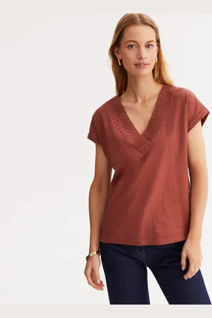 ANNE WEYBURN T-shirt Scollo A V, Maniche Corte, Dettaglio Macramé Donna Taglie 38/40 (IT) - 34/36 (FR)