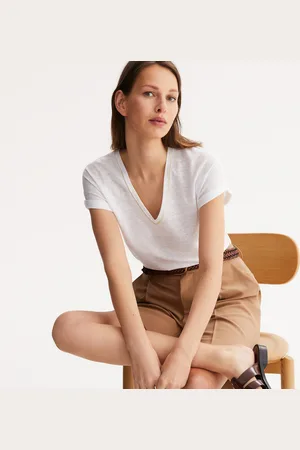 ANNE WEYBURN T-shirt In Lino Con Scollo A V E Maniche Corte Donna Taglie 38/40 (IT) - 34/36 (FR)