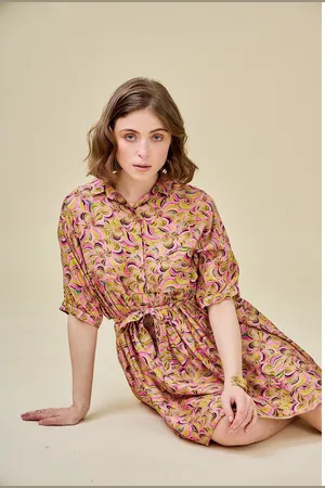 See u soon Abito Corto Stampato, Svasato, Collo A Camicia Donna Taglie S/M