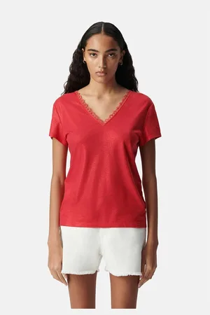 IKKS T-shirt Con Scollo A V E Dettaglio In Pizzo, In Misto Lino Donna Taglie S