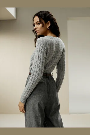 Lilysilk Maglioni Lana Donna Gris Motivo A Trecce, Girocollo Lana E Cashmere Delicato Sulla Pelle E Traspirante M