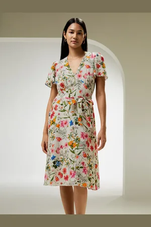Lilysilk Vestito Seta Acquarello Floreale Midi Abiti, Maniche Corte 100% Seta Crepe De Chine Delicato Sulla Pelle E Traspirante 46