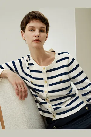 Lilysilk Cardigan Donna Stile Nautico Maniche Dritte Vestibilità Regolare Lana Merino Facile Da Abbinare Navy Con Strisce Bianche L
