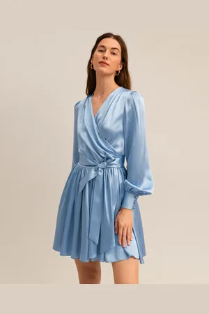 Lilysilk Vestito Seta Corto Donna Sky Blue Maniche A Sbuffo, Vestibilità Regolare 100% Seta Naturale Buona Qualità, Lavabile In Lavatrice M