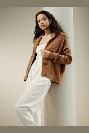 Lilysilk Cardigan Lungo Donna Caramello Silhouette Leggera Morbida E Calda Lana E Cashmere Facile Da Indossare E Da Abbinare S