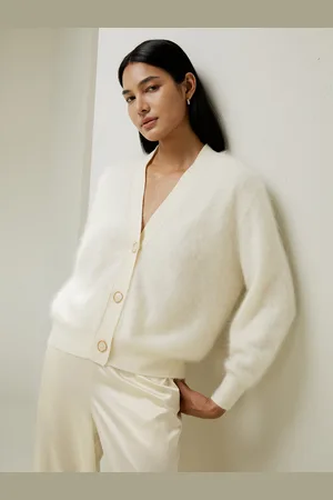 Lilysilk Cardigan Donna Bottoni In Madreperla 100% Cashmere Spazzolato Tecnica Di Spazzolatura Giapponese S