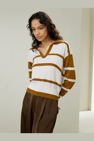 Lilysilk Polo In Maglia Di Lana Toffee & Strisce Adatta A Tutte Le Stagioni 100% Lana Merino Ultrafine La Scioltezza Appena Accennata XS