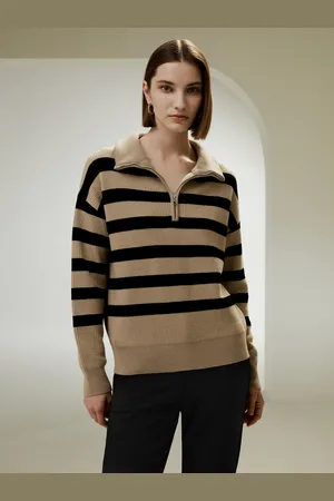 Lilysilk Maglioni Lana Cammello Con Strisce Nere Colletto Polo Con Zip A Un Quarto Di Dollaro Lana Merino Ultra Fine Strisce Orizzontali Classiche M