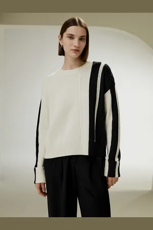 Lilysilk Maglione 100 Lana Donna Blocco In Bianco E Cuciture A Spalla Scesa Lana Merino Ultra Fine Eleganza Senza Tempo E Stile Sofisticato L