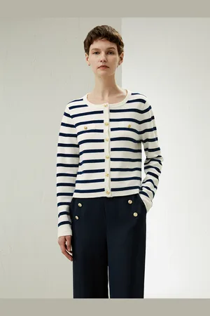 Lilysilk Cardigan Lungo Donna Stile Nautico Pura Lana Merino Morbidissimo E Grazioso Eleganza. Navy Con Strisce Bianche M