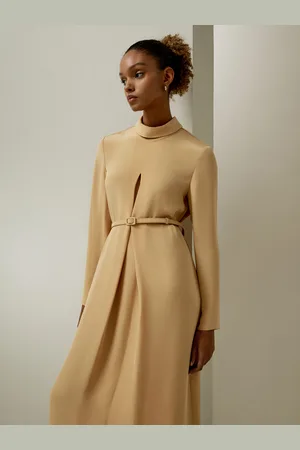 Lilysilk Vestiti In Seta Eleganti Colletto In Piedilunghezza Midi Minimalista Resiste Durante Tutte Le Stagioni Cachi Xl