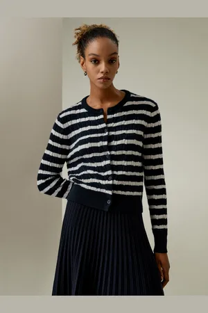Lilysilk Cardigan Donna Elegante Maniche Lunghecroccolo In Costina100% Cachemire 100% Cachemire Non È Necessario Stirarlo Strisce E Bianche M
