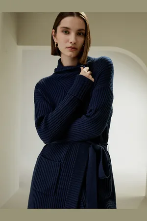 Lilysilk Cardigan Donna Lungo Navy Squisito Motivo A Coste 100% Lana Merino Accogliente E Confortevole, Leggero E Morbido M