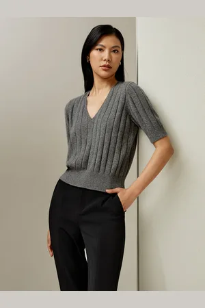 Lilysilk Maglietta In Cashmere Scollo A Vmaniche Cortemanica Cortacachemire Cachemire Vestibilità Regolare Grigio Medio L