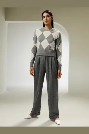 Lilysilk Maglia Cashmere Donna Grigio & Motivo A Rombi, Collo Rotondo 100% Cashmere Rispettoso Della Pelle E Traspirante L
