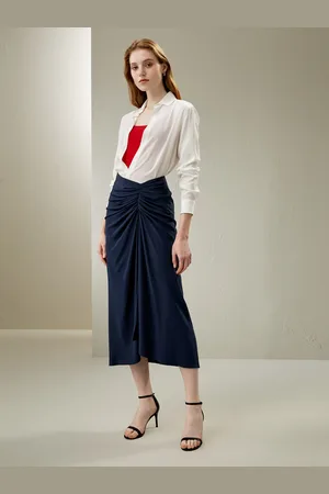 Lilysilk Gonna Lunga Seta -Marino Gonna Aderente E Drappeggiata 100% Crêpe De Chine Eleganza Senza Tempo E Stile Sofisticato 46