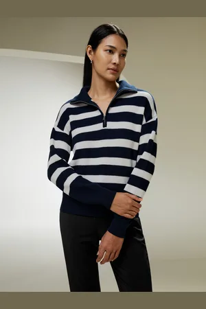 Lilysilk Maglioni Di Lana Navy Con Strisce Bianche Polo, Vestibilità Rilassata 100% Lana Merino Ultra Fine Righe Orizzontali Classiche L