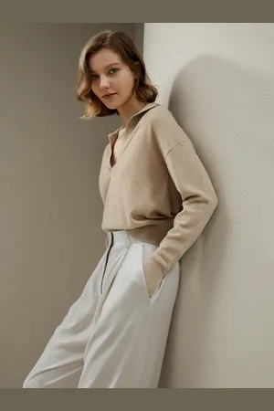 Lilysilk Polo In Cashmere Cammello Chiaro Polo Con Scollo A V 100% Cashmere Delicato Sulla Pelle E Traspirante XL
