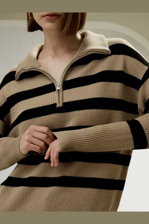 Lilysilk Maglione 100 Lana Donna Cammello Con Strisce Nere Stile Polo, Vestibilità Rilassata Lana Merino Ultra Fine Incredibilmente Morbide E Calde L