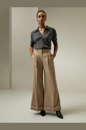 Lilysilk Pantaloni Seta Eleganti Drappeggia Benemisto Seta E Lana Misto Seta E Lana Adatto Per Un Look Professionale O Casual Cammello 44