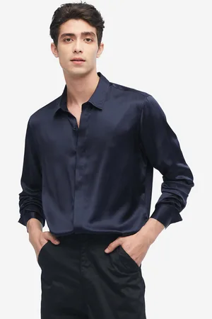 Lilysilk Italia Camicia Da Uomo Classica In Seta A Maniche Lunghe -Marino