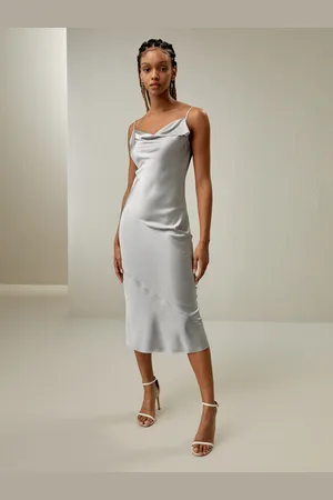 Lilysilk Abito Seta Grigio Argento Forma Aderente E Collo A Vaschetta Drappeggiato 100% Seta Naturale Adatto A Tutte Le Stagioni 40