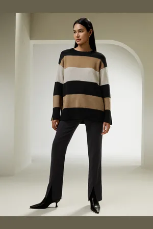 Lilysilk Maglia In Cashmere Donna & Cammello & Beige Polsini A Fessura, Elegante Lounge 100% Cashmere Delicato Sulla Pelle E Traspirante S