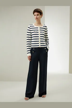 Lilysilk Cardigan Donna Girocollo Maniche Lunghe Silhouette Sottile 100% Lana Merino Navy Con Strisce Bianche S