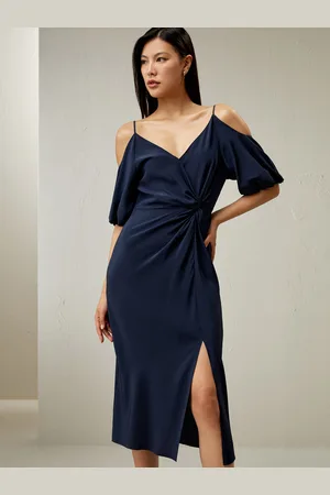 Lilysilk Vestito In Seta -Marino Dettaglio Spalla Nuda 100% Seta Naturale Leggeri E Resistenti Alle Rughe 42