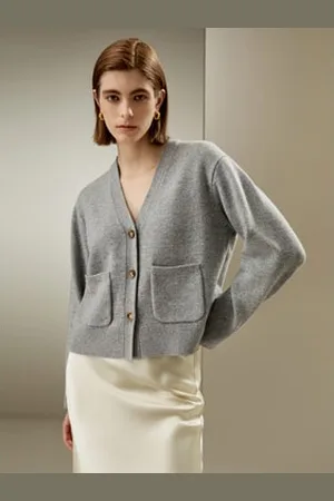 Lilysilk Cardigan Elegante Classici Bottoni In Cornolana E Cashmere Lana E Cashmere Vestibilità Regolare Stile Moderno Grigio Misto L