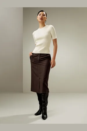 Lilysilk Gonna A Matita Midi Gonna A Matita Midi Gessata Spacco Frontale Vestibilità Regolare Caffè Scuro 46